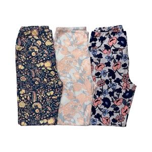 Lot 3 LuLaRoe OS Leggings Navy Blue Floral Peachy Pink Yellow Beige Baby Blue